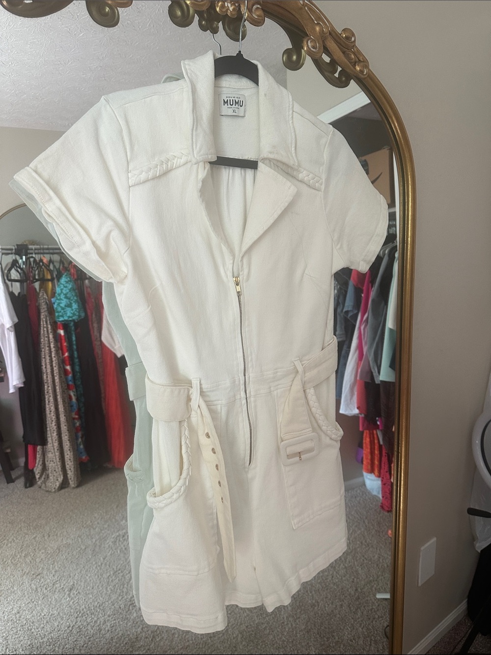 Show Me Your MuMu Cream Short-Sleeve Utility Jacket Romper with Belt